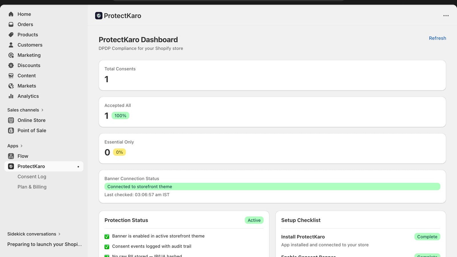 ProtectKaro dashboard showing Protection Status and consent metrics inside Shopify admin