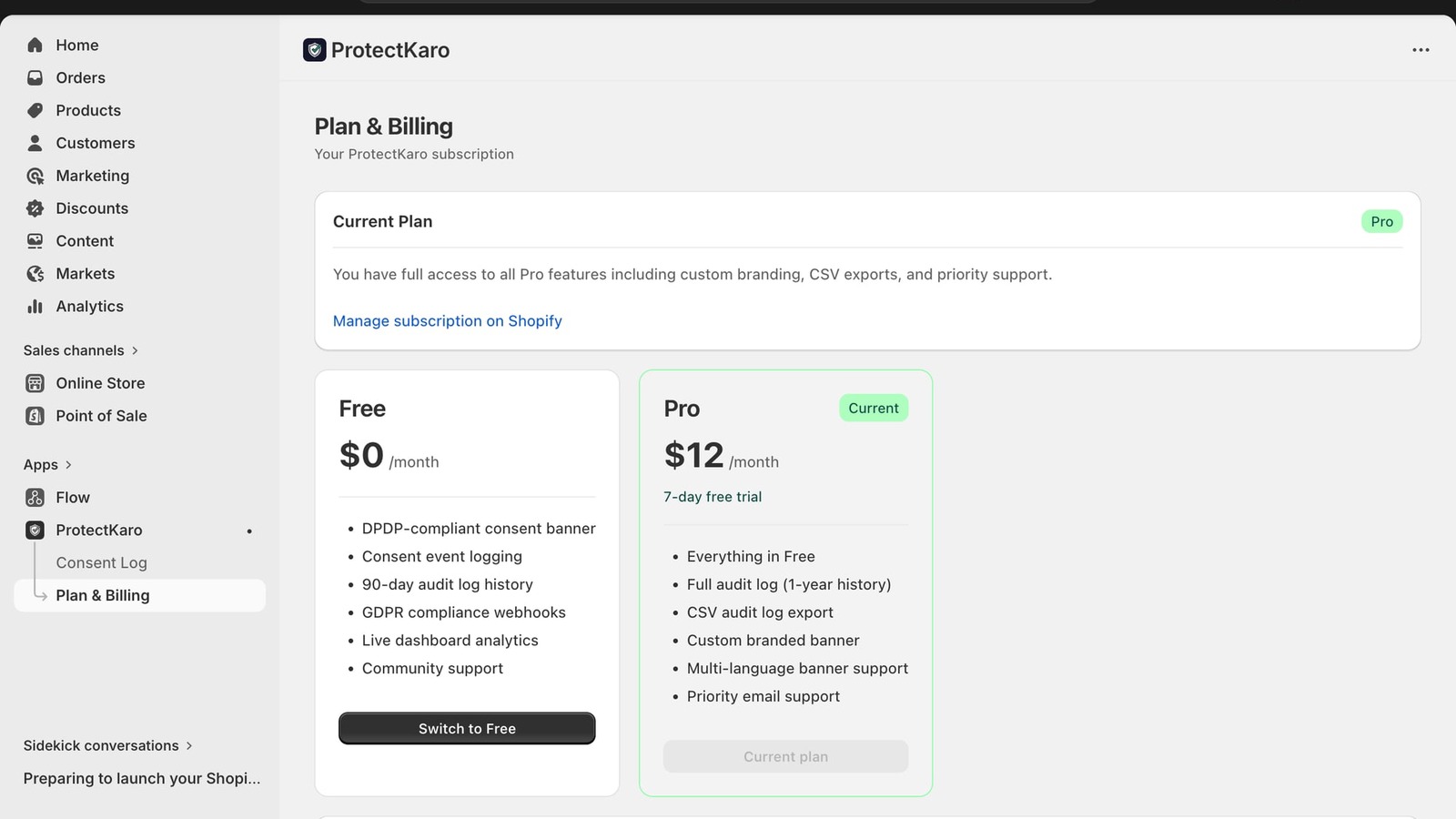 ProtectKaro plan and billing page showing Free and Pro plans